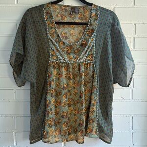 Five Los Angeles Sheer Floral Boho Peasant Top Kimono Sleeve S